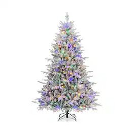 WELLFOR - 7ft Pre‑Lit Artificial Christmas Tree, Snow‑Flocked PE‑PVC Hinged Xmas Tree with 1164 Branch Tips &350 LED Lights - Green & White