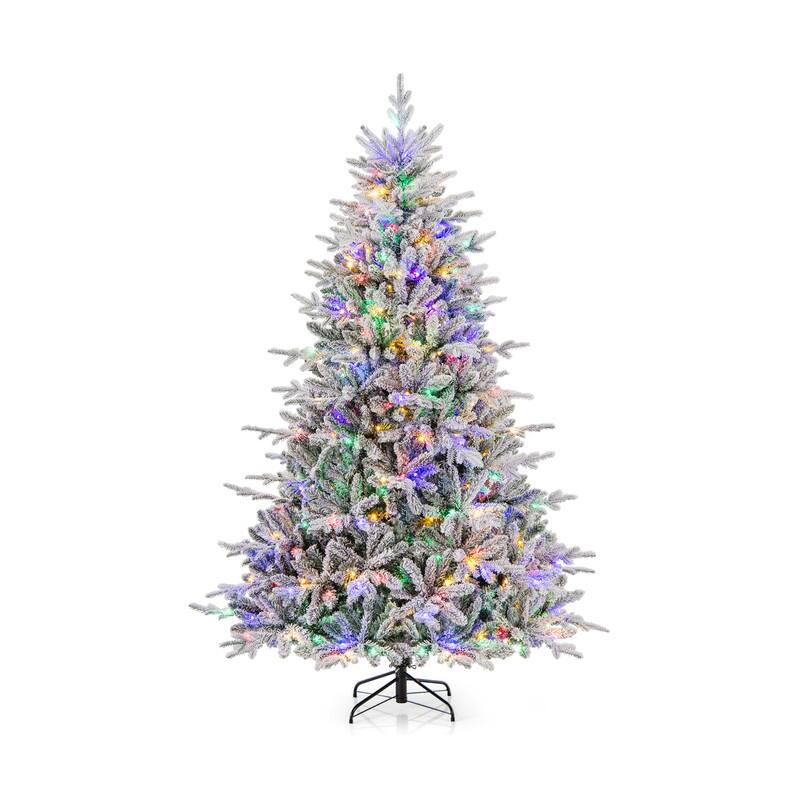 Front. WELLFOR - 7ft Pre‑Lit Artificial Christmas Tree, Snow‑Flocked PE‑PVC Hinged Xmas Tree with 1164 Branch Tips &350 LED Lights - Green & White.