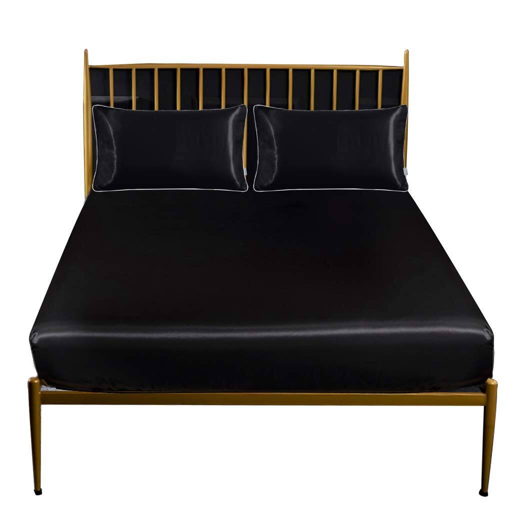 Front. MAGICAL RUBS - 3-piece Satin Bedding Set Fitted Sheet With Pillowcases Soft Comfort Breathable (1 Sheet+2 Pillowcases) (black Full) ... - 3-piece Black Full.