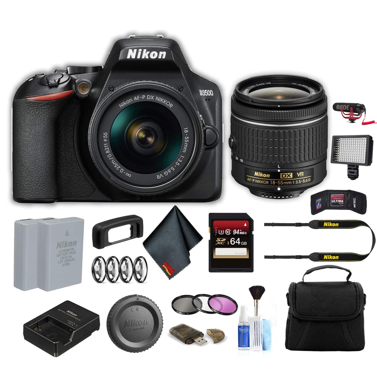 Nikon - D3500 DSLR Camera with 18-55mm Lens (1590) Advanced Bundle W/Bag, Extra Battery, LED Light, Mic, Filters and More