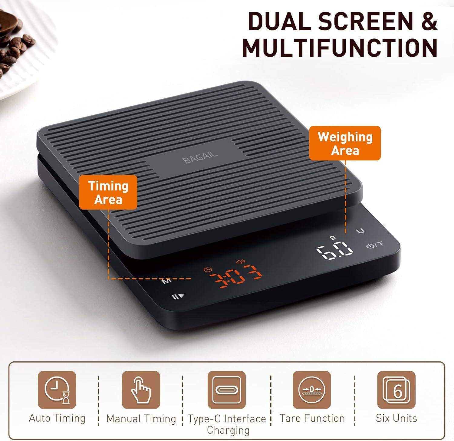 DUAL SCREEN & MULTIFUNCTION

Weighing Area  
Timing Area

Auto Timing  
Manual Timing  
Type-C Interface  
Tare Function  
Charging  
Six Units