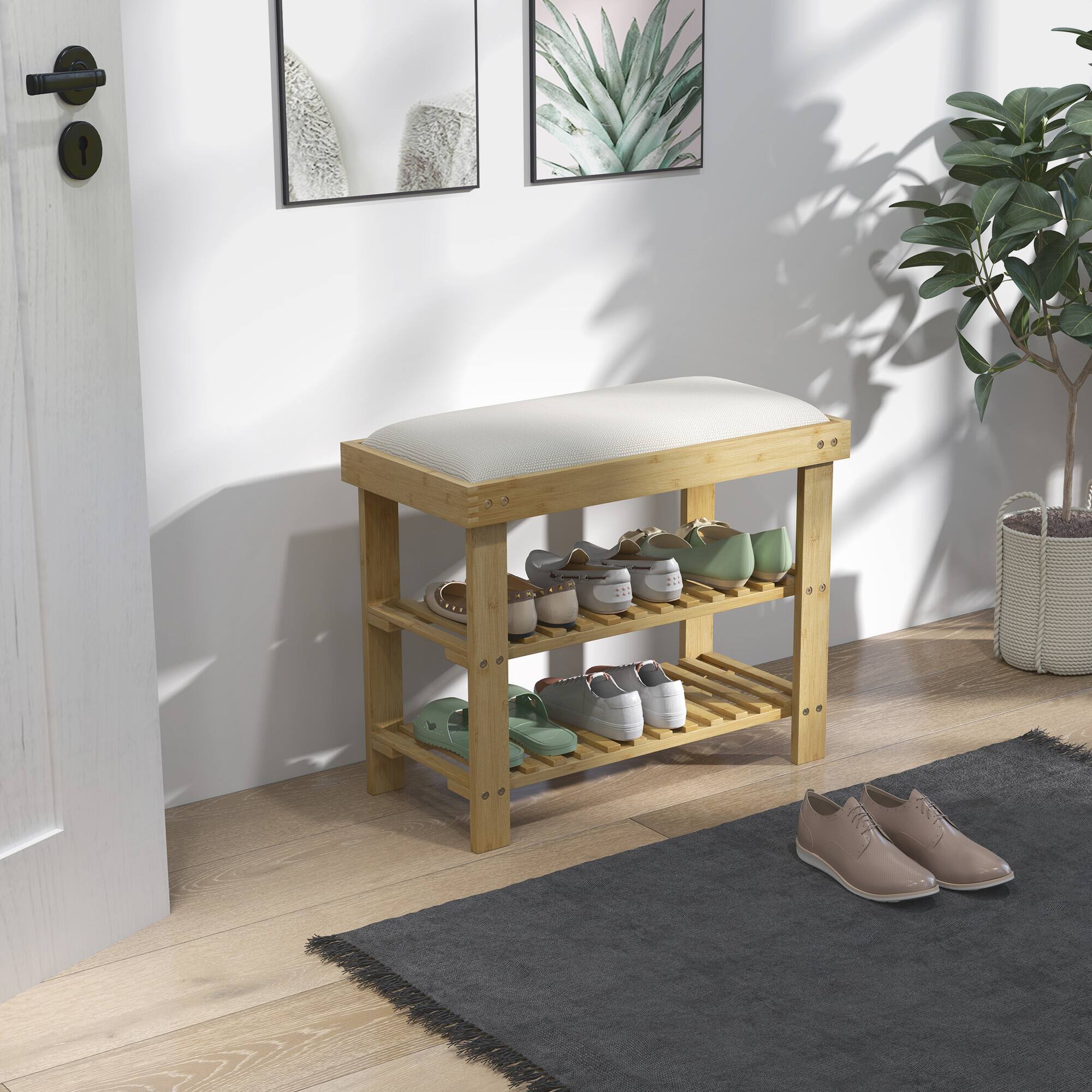 Alt View 1. Homcom - Bamboo Shoe Bench, 3-Tier Entryway Bench with Storage and Cushion, Shoe Organizer for Entryway, Hallway - Cream White.