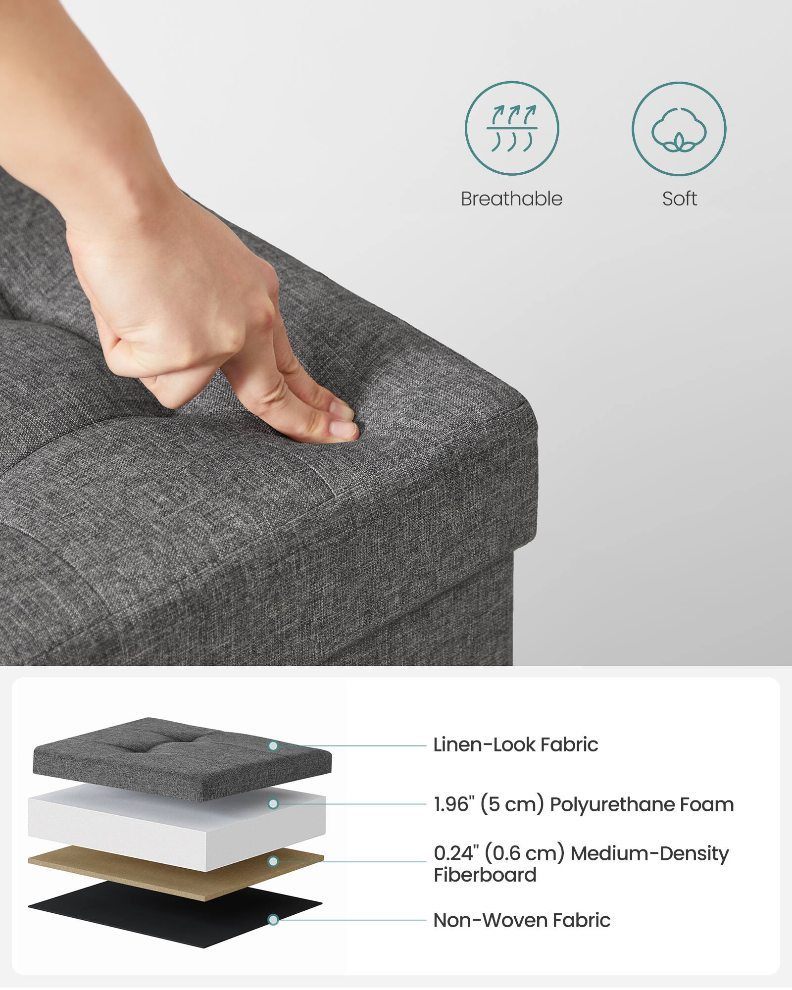 Breathable Soft Linen-Look Fabric  
1.96" (5 cm) Polyurethane Foam  
0.24" (0.6 cm) Medium-Density Fiberboard  
Non-Woven Fabric