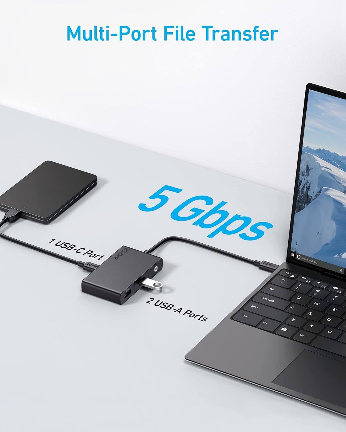 Multi-Port File Transfer  
5 Gbps  
1 USB-C Port  
2 USB-A Ports