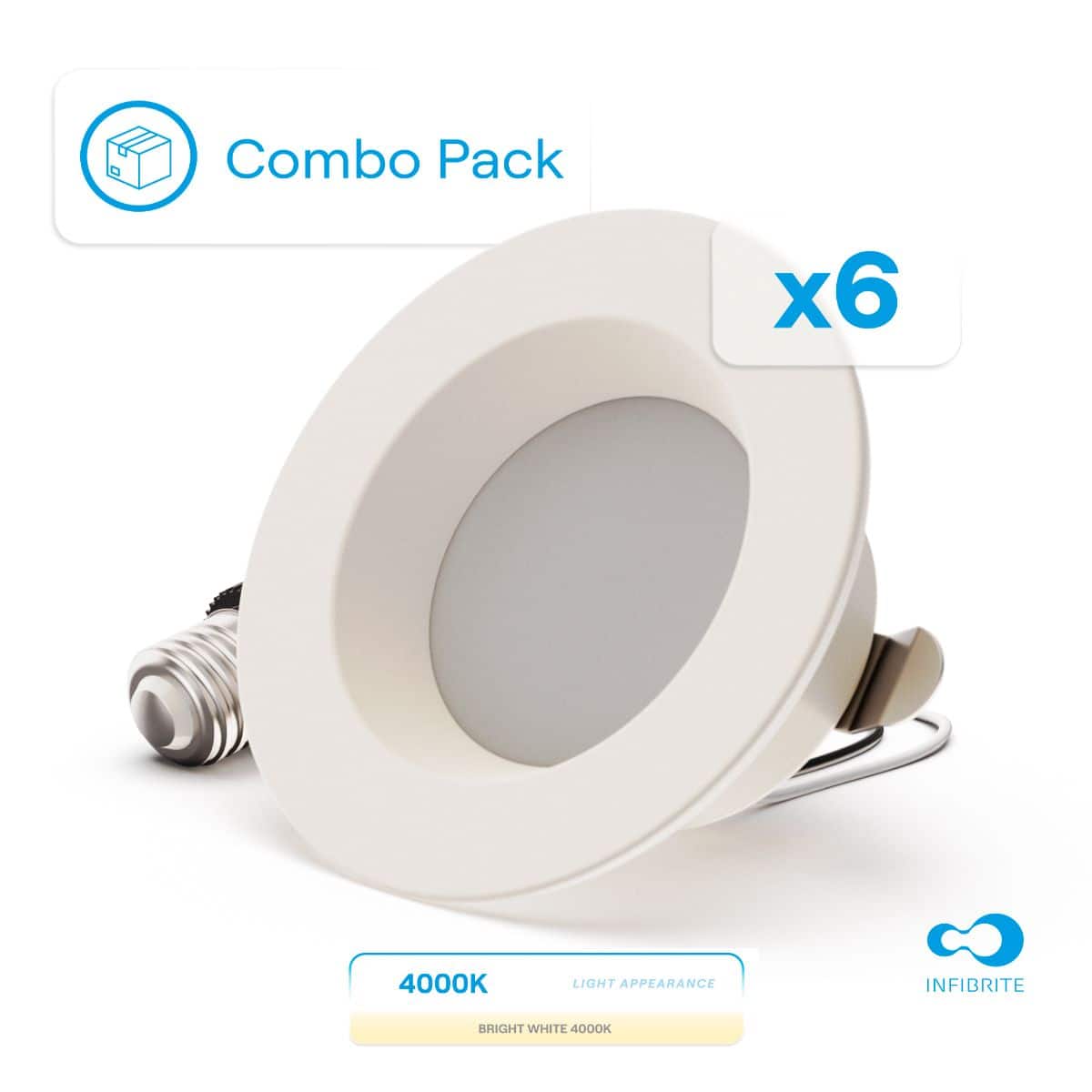 Infibrite - 4 In. Retrofit 4000K Cool Integrated LED Recessed Light Kit 9W 750LM Remodel, Dimmable, Wet Rated (6 Pack) - White