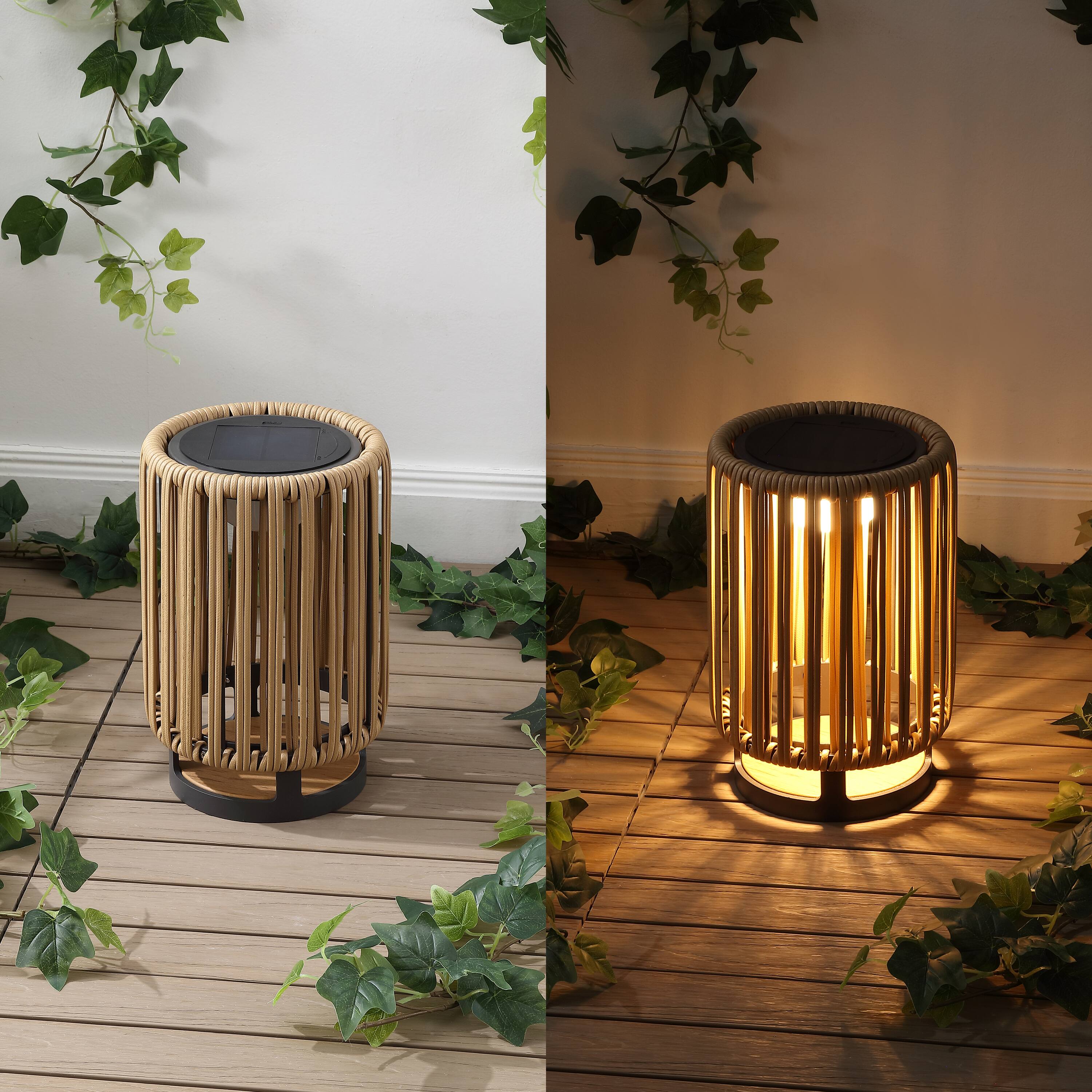 Alt View 4. Jonathan Y - Sawara 12.5" Modern Minimalist Faux Rattan Integrated Indoor/Outdoor LED Solar Powered Lantern, Natural - Natural.