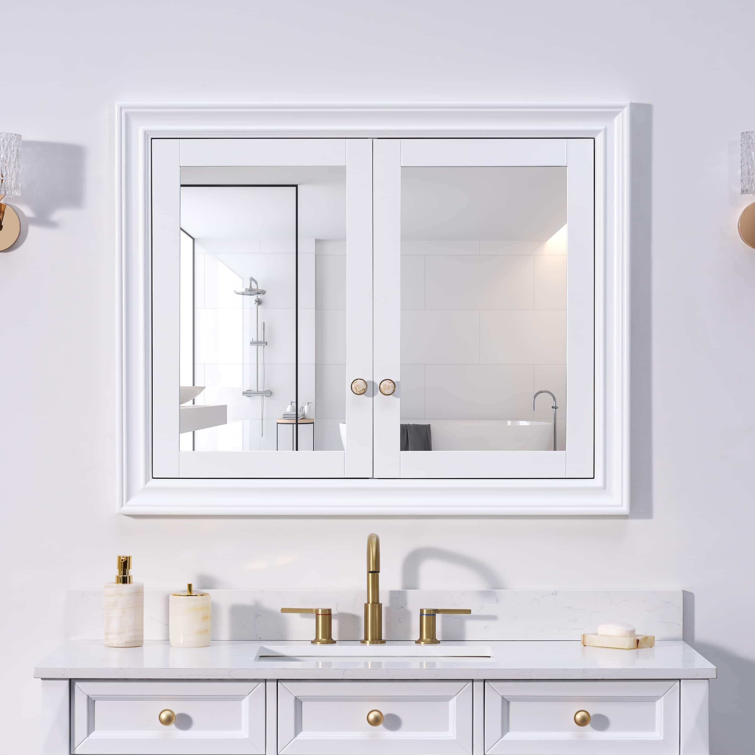 WELLFOR - 40 in. W x 32 in. H Rectangular Solid Wood Recessed Medicine Cabinet with Mirror - White price history on PriceWatchPro