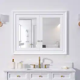 WELLFOR - 40 in. W x 32 in. H Rectangular Solid Wood Recessed Medicine Cabinet with Mirror - White