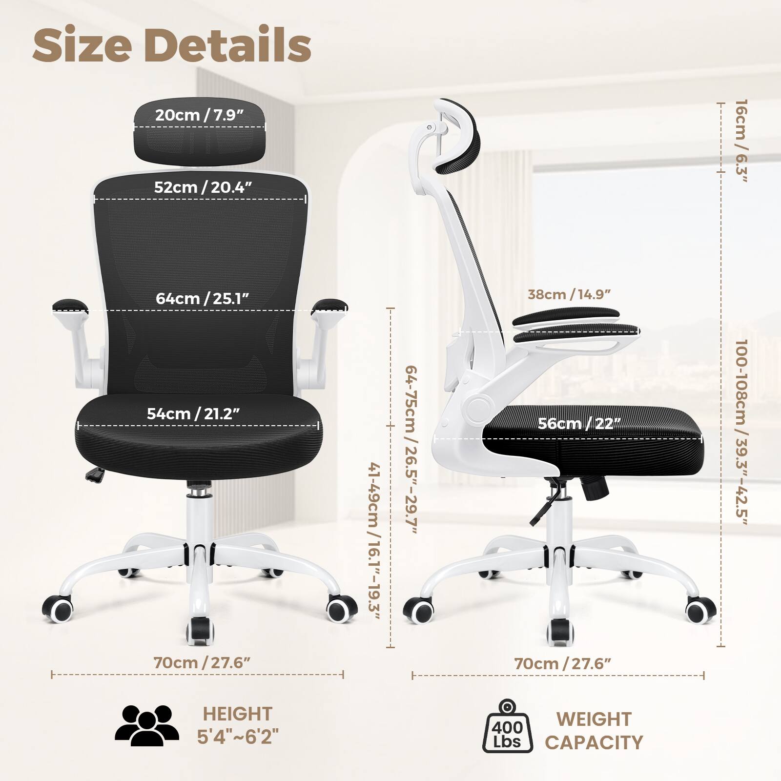 Size Details

- 20cm / 7.9"
- 52cm / 20.4"
- 64cm / 25.1"
- 54cm / 21.2"
- 38cm / 14.9"
- 56cm / 22"
- 70cm / 27.6"
- 41-49cm / 16.1"-19.3"
- 64-75cm / 25.5"-29.7"
- 16cm / 6.3"
- 100-108cm / 39.3"-42.5"

HEIGHT: 5'4"~6'2"

WEIGHT CAPACITY: 400 Lbs