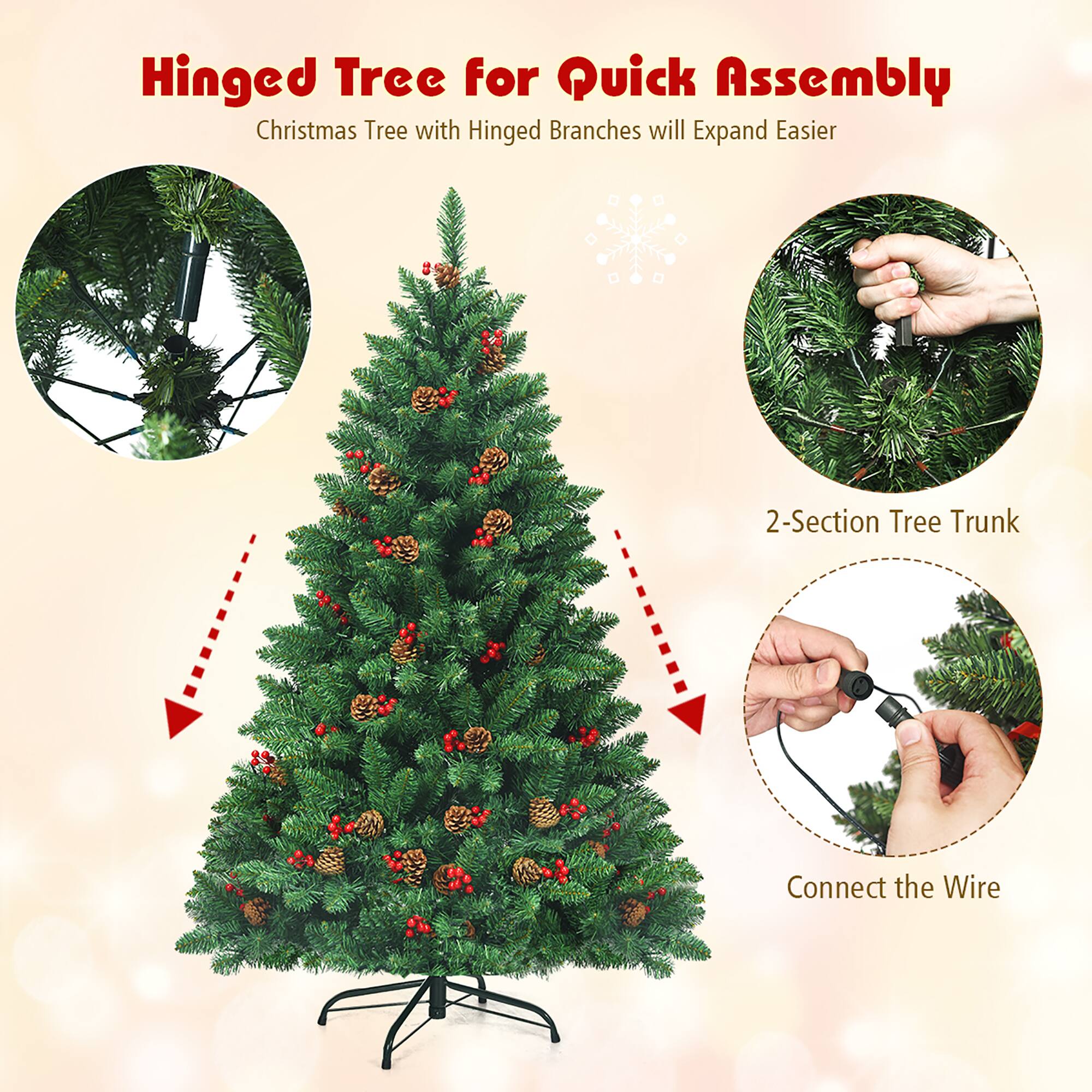The text on the image is grouped and corrected as follows:

"Hinged Tree for Quick Assembly: Christmas Tree with Hinged Branches will Expand Easier. 2-Section Tree Trunk. Connect the Wire."