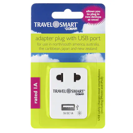 allows you to plug in two devices at once! TRAVEL SMART CONAIR adapter plug with USB port for use in north/south america, australia, the caribbean, japan and new zealand IA rated TRAVEL SMART CONAIR 5V DC 1A (safely charges most smartphones and iPods including iPhone)