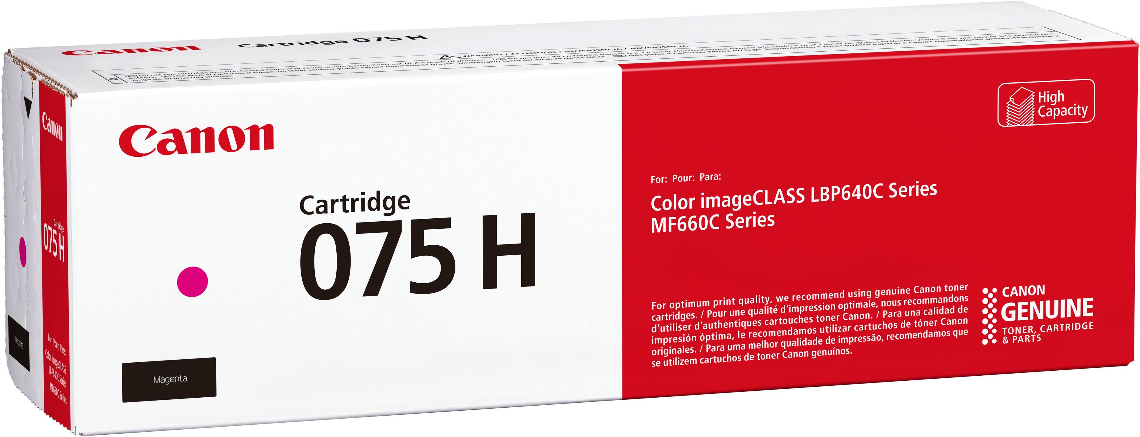 Canon  
Cartridge 075 H  
Magenta  

High Capacity  

For: Pour: Para:  
Color imageCLASS LBP640C Series  
MF660C Series  

For optimum print quality, we recommend using genuine Canon toner cartridges.  
For une qualité d'impression optimale, nous recommandons d'utiliser des cartouches toner Canon authentiques.  
Para una calidad de impresión óptima, recomendamos utilizar cartuchos de toner Canon originales.  

CANON  
GENUINE  
TONER & CARTRIDGE  
& PARTS  

Canon  
Cartridge 075 H  
Magenta  

High Capacity  

For: Pour: Para:  
Color imageCLASS LBP640C Series  
MF660C Series  

For optimum print quality, we recommend using genuine Canon toner cartridges.  
For une qualité d'impression optimale, nous recommandons d'utiliser des cartouches toner Canon authentiques.  
Para una calidad de impresión óptima, recomendamos utilizar cartuchos de toner Canon originales.