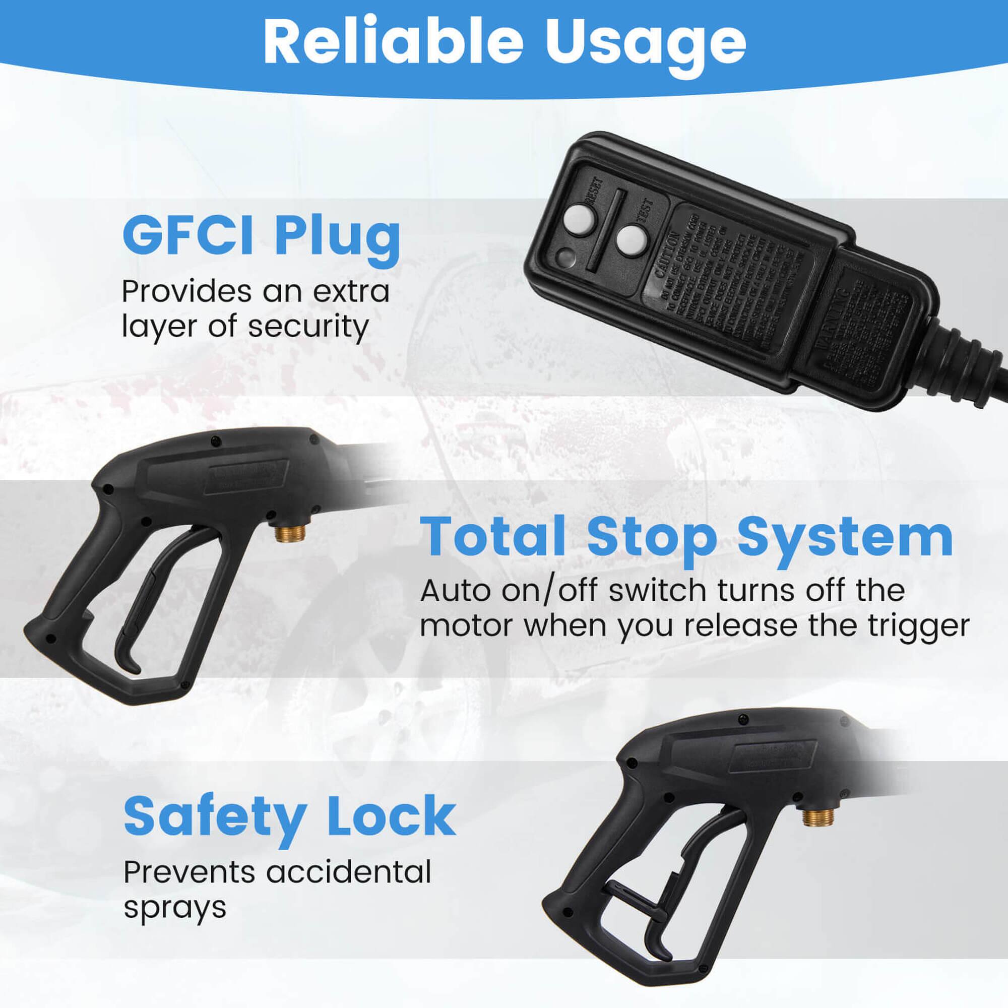 Reliable Usage

GFCI Plug  
Provides an extra layer of security

Total Stop System  
Auto on/off switch turns off the motor when you release the trigger

Safety Lock  
Prevents accidental sprays