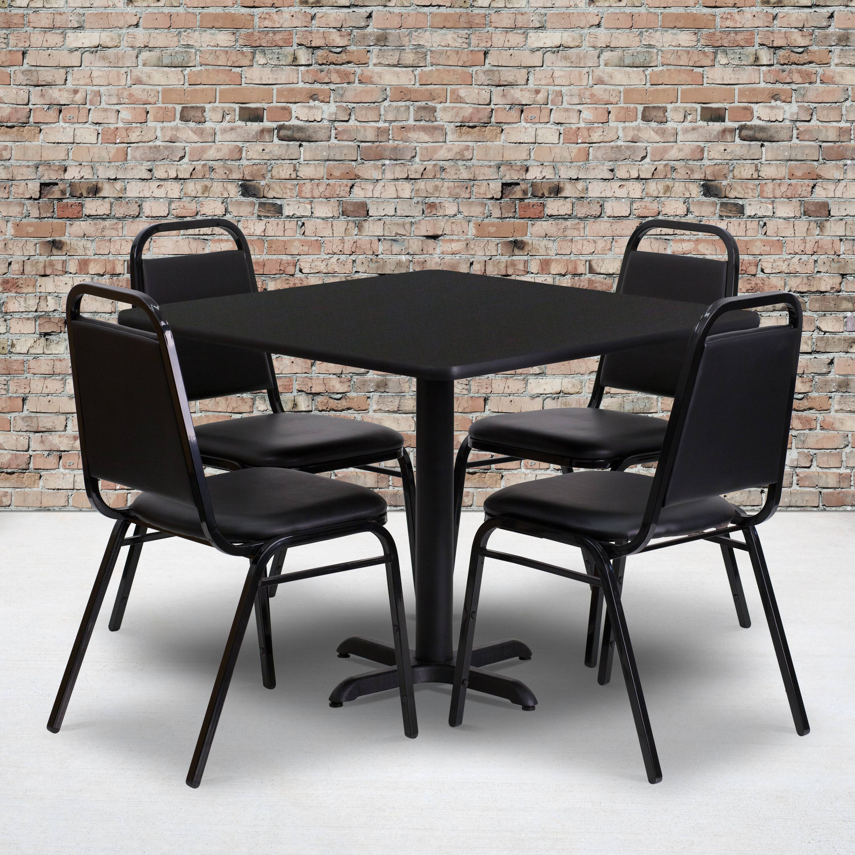Alt View 1. Emma + Oliver - 36" Square Laminate X-Base Table Set with 4 Banquet Chairs - Black Top/Black Vinyl Seat.
