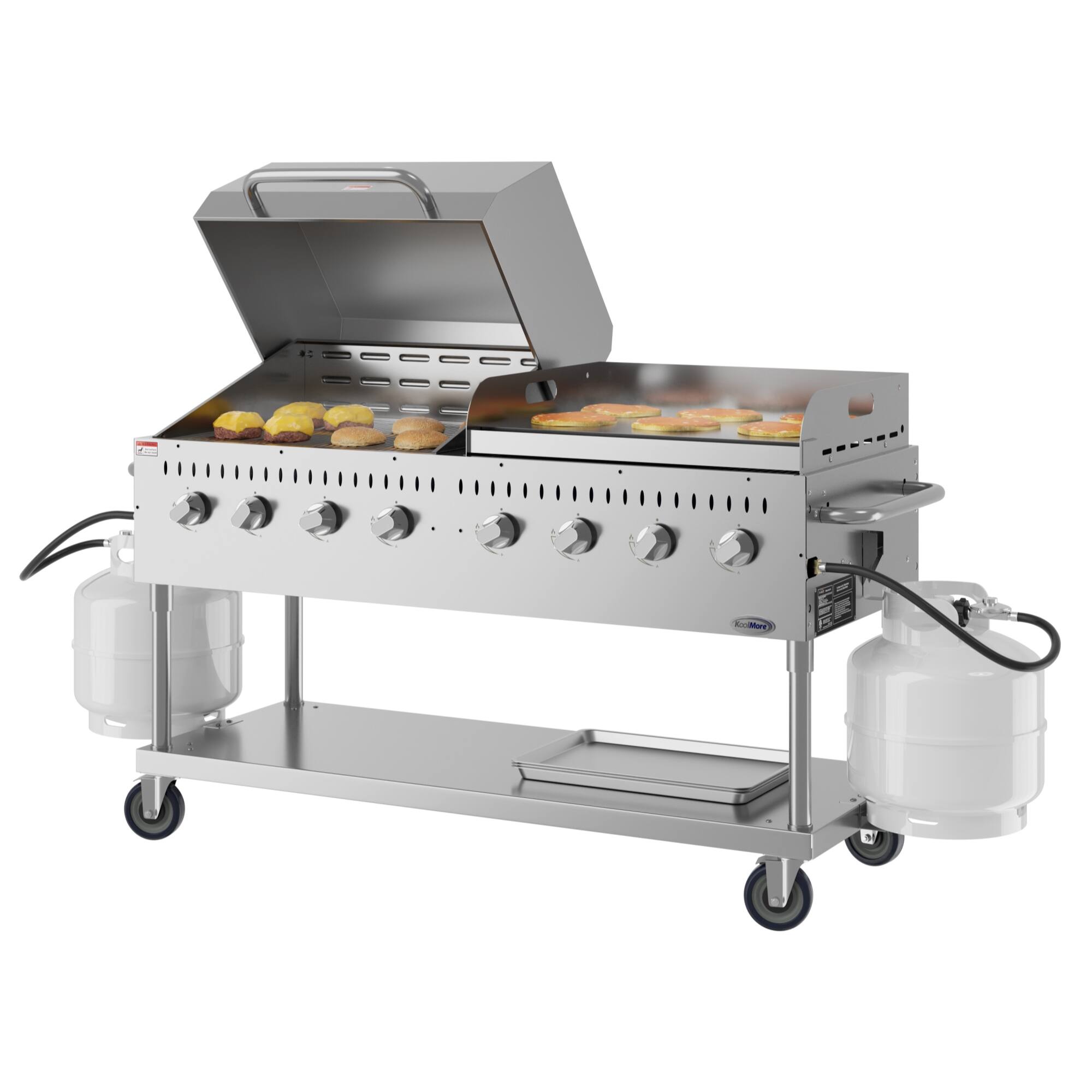 Angle. Koolmore - 60 in. 8-Burner Commercial Outdoor Propane Gas Grill with 30 in. Roll Dome Cover and 30 in. Griddle in Stainless-Steel - Stainless Steel.