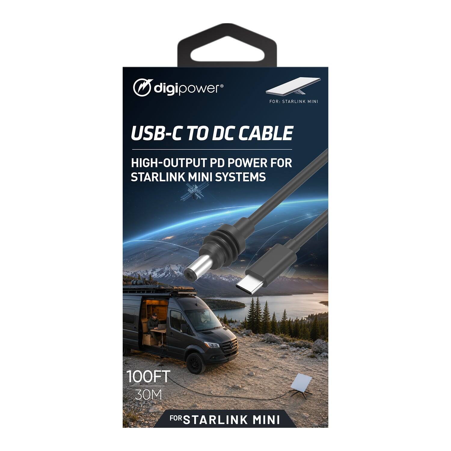 digipower  
FOR: STARLINK MINI  
USB-C TO DC CABLE  
HIGH-OUTPUT PD POWER FOR STARLINK MINI SYSTEMS  
100FT 30M  
FOR STARLINK MINI