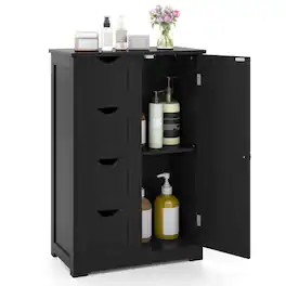 Costway - 4 Drawer Freestanding Bathroom Floor Cabinet Adjustable Storage Cupboard - Black
