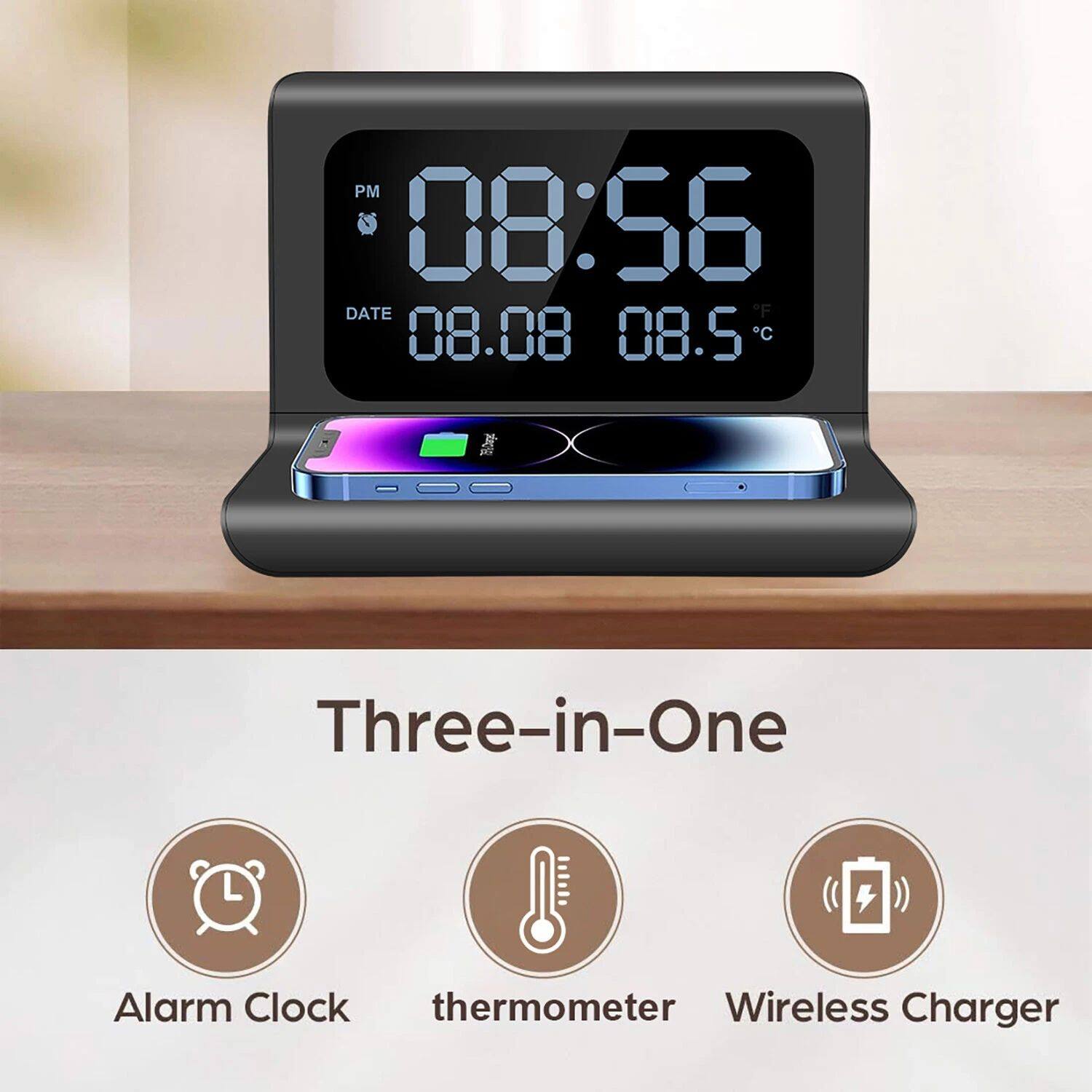 PM 08:56  
DATE 08.08  
08.5°C  

Three-in-One  
Alarm Clock  
thermometer  
Wireless Charger