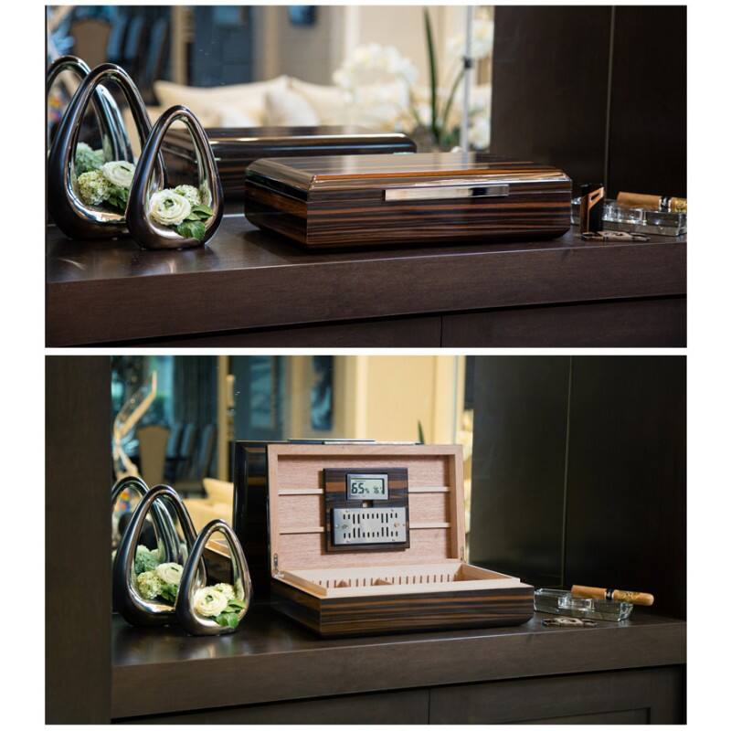 Alt View 1. Prestige - Vanderbilt Ebony Wood Cigar Humidors - High Lacquer Ebony Exterior Finish.