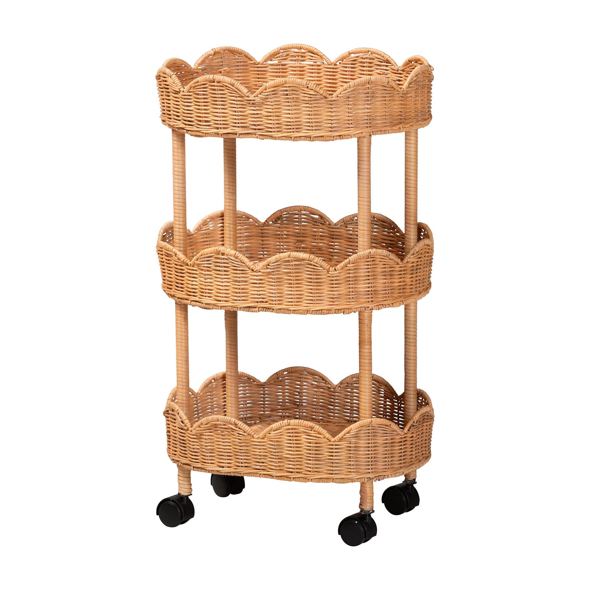 Front. bali & pari - bali & pari Bulana Natural Rattan 3-Tier Rolling Storage Cart - Light Honey.