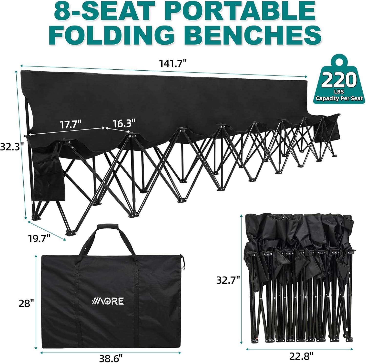 8-Seat Portable Folding Benches

141.7" (Length)
220 LBS Capacity Per Seat

Dimensions:
- Width: 17.7"
- Height: 16.3"
- Seat Depth: 32.3"
- Seat Height: 19.7"
- Folded Height: 32.7"
- Folded Width: 22.8"
- Bag Dimensions: 38.6" x 28"