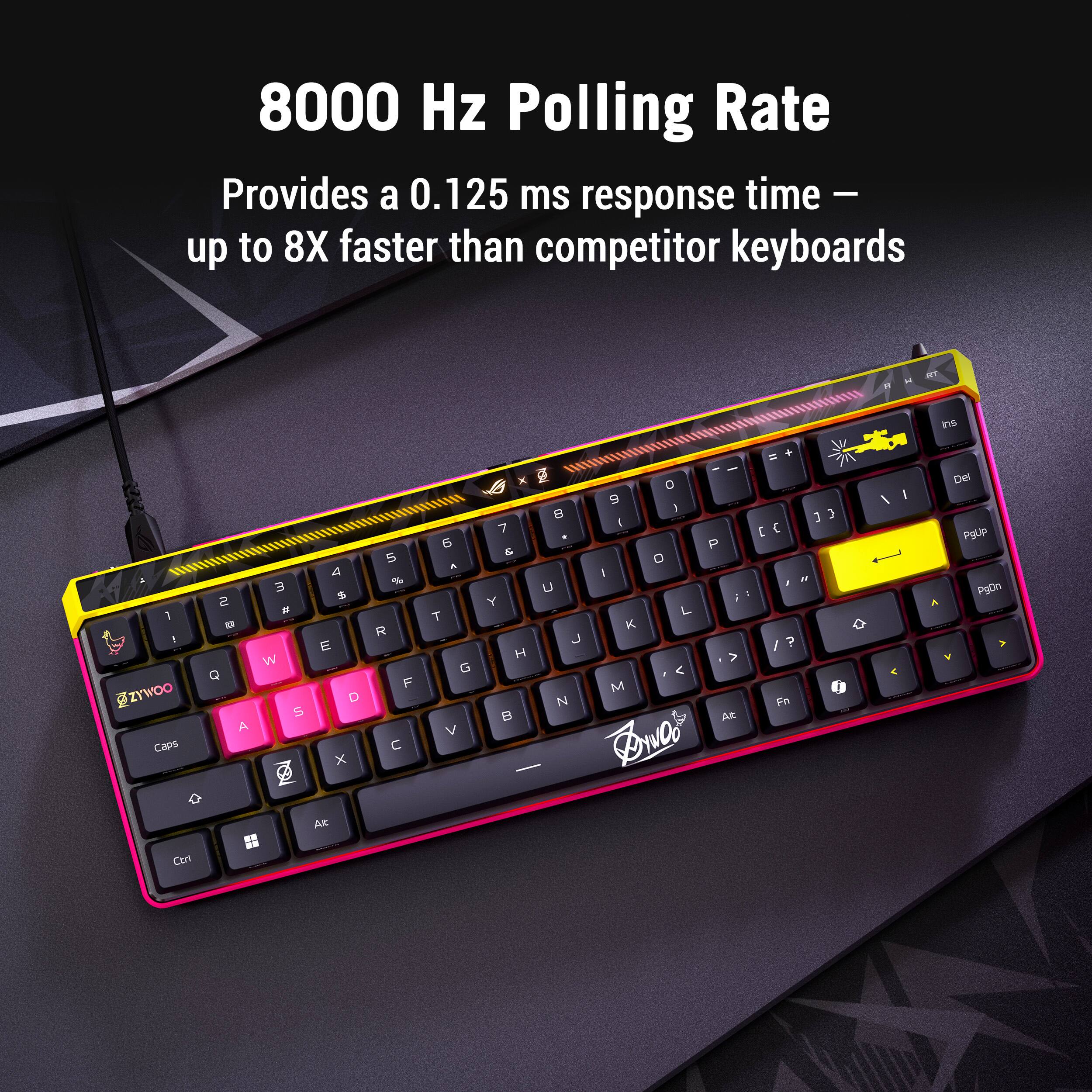8000 Hz Polling Rate  
Provides a 0.125 ms response time – up to 8X faster than competitor keyboards