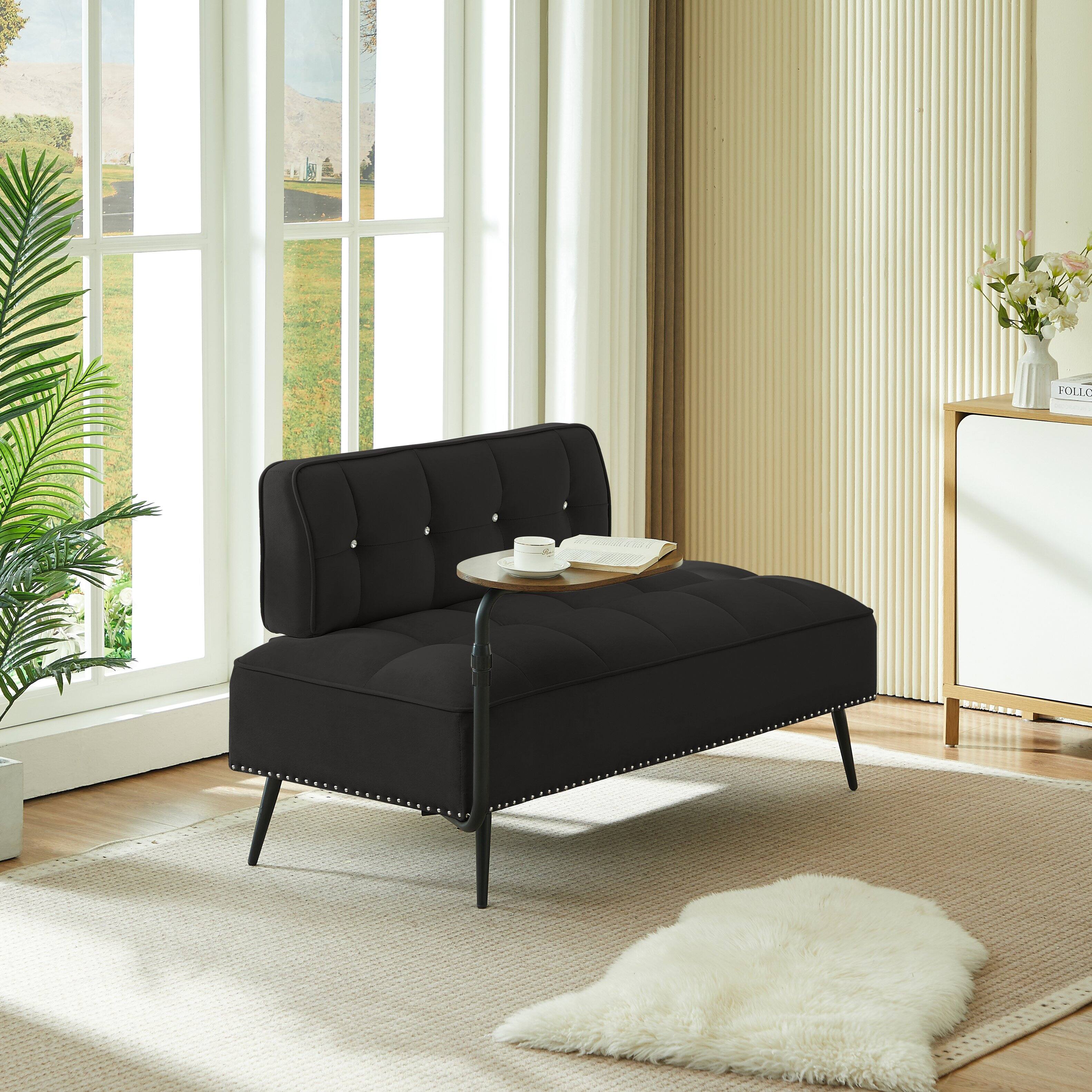 Left. Z-Edge - 54" Comfy Velvet Loveseat Sofa, 2 Seater Deep Seat Couch with Backrest & 360° Rotating Side Table for Living Room Office - Black.