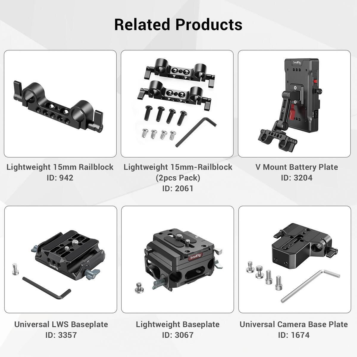 Related Products

- Lightweight 15mm Railblock
  - ID: 942
- Lightweight 15mm-Railblock (2pcs Pack)
  - ID: 2061
- V Mount Battery Plate
  - ID: 3204
- Universal LWS Baseplate
  - ID: 3357
- Lightweight Baseplate
  - ID: 3067
- Universal Camera Base Plate
  - ID: 1674