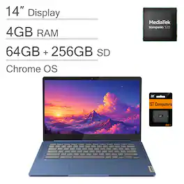 Lenovo - IdeaPad Slim 3 Chromebook 14" Full HD Laptop - MediaTek Kompanio 520 2022 - 4GB Memory - 64GB eMMC+256GB SD Card - 256GB SD Card - Abyss Blue