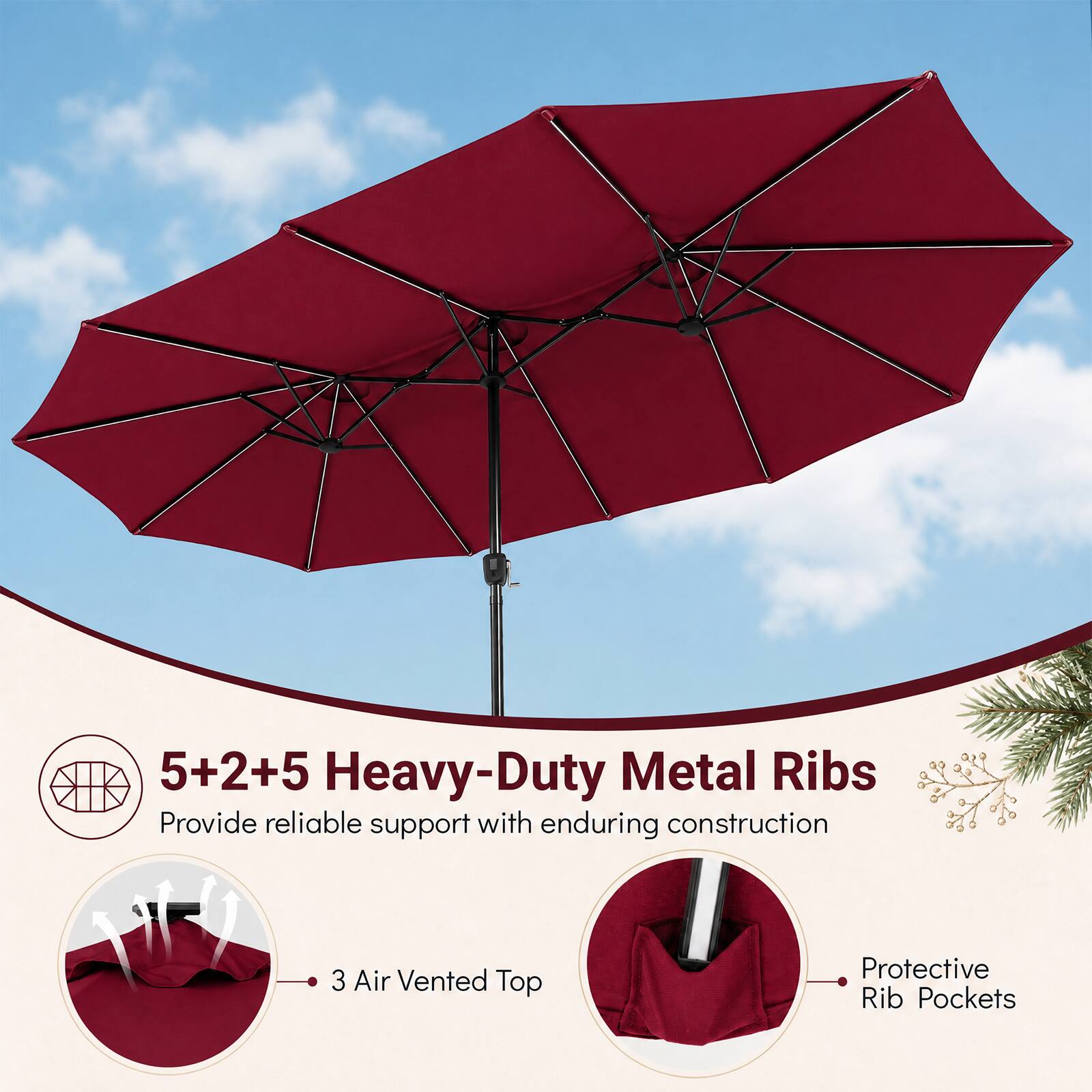 5+2+5 Heavy-Duty Metal Ribs Provide reliable support with enduring construction  
3 Air Vented Top  
Protective Rib Pockets