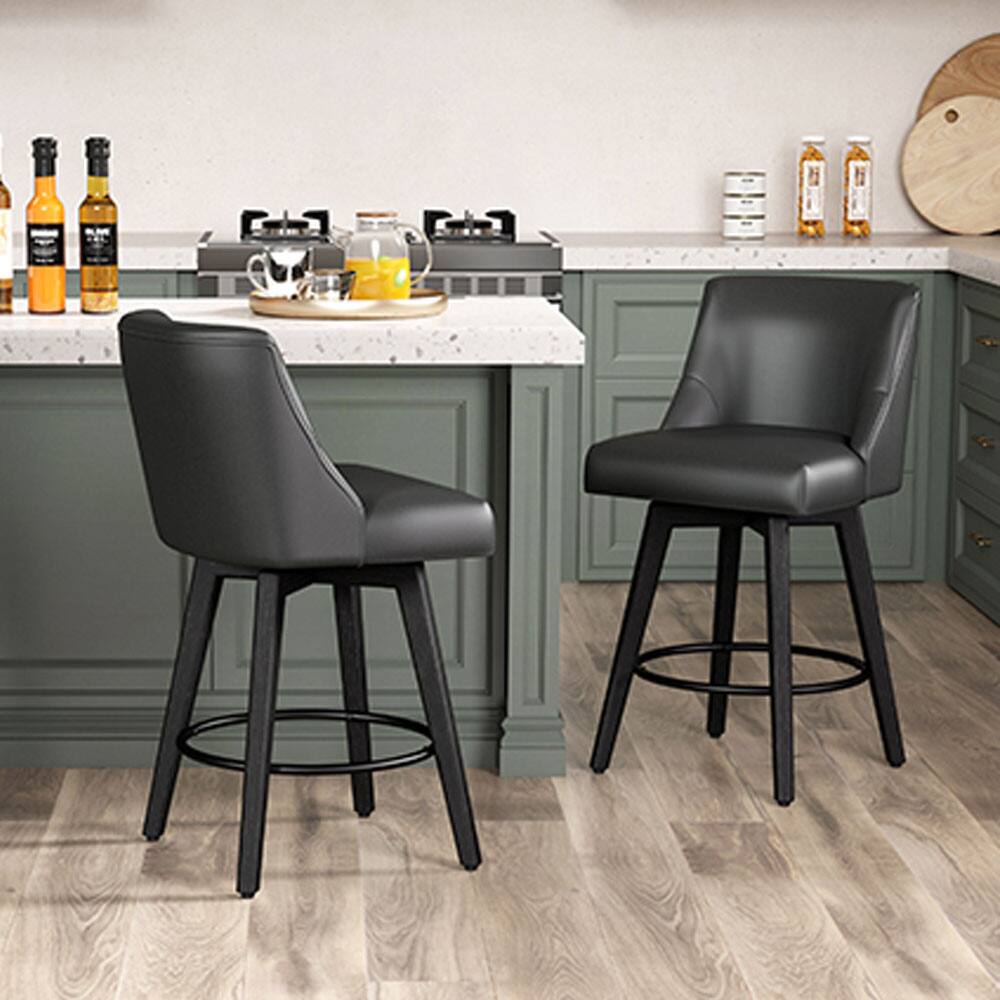 Angle. Vipbear - Vipbear 26" H Seat Height Swivel Barstools Set of 2, Fabric Upholstered Modern Counter Stools with Back, Solid Wood Legs - Black.