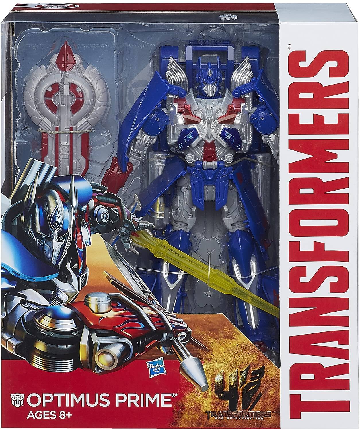 Sure, here is the corrected and grouped text from the image:

---

**TRANSFORMERS**

**OPTIMUS PRIME**  
AGES 8+

**TRANSFORMERS**  
AGE OF EXTINCTION

---

**Hasbro**  
© 2014 Hasbro

---