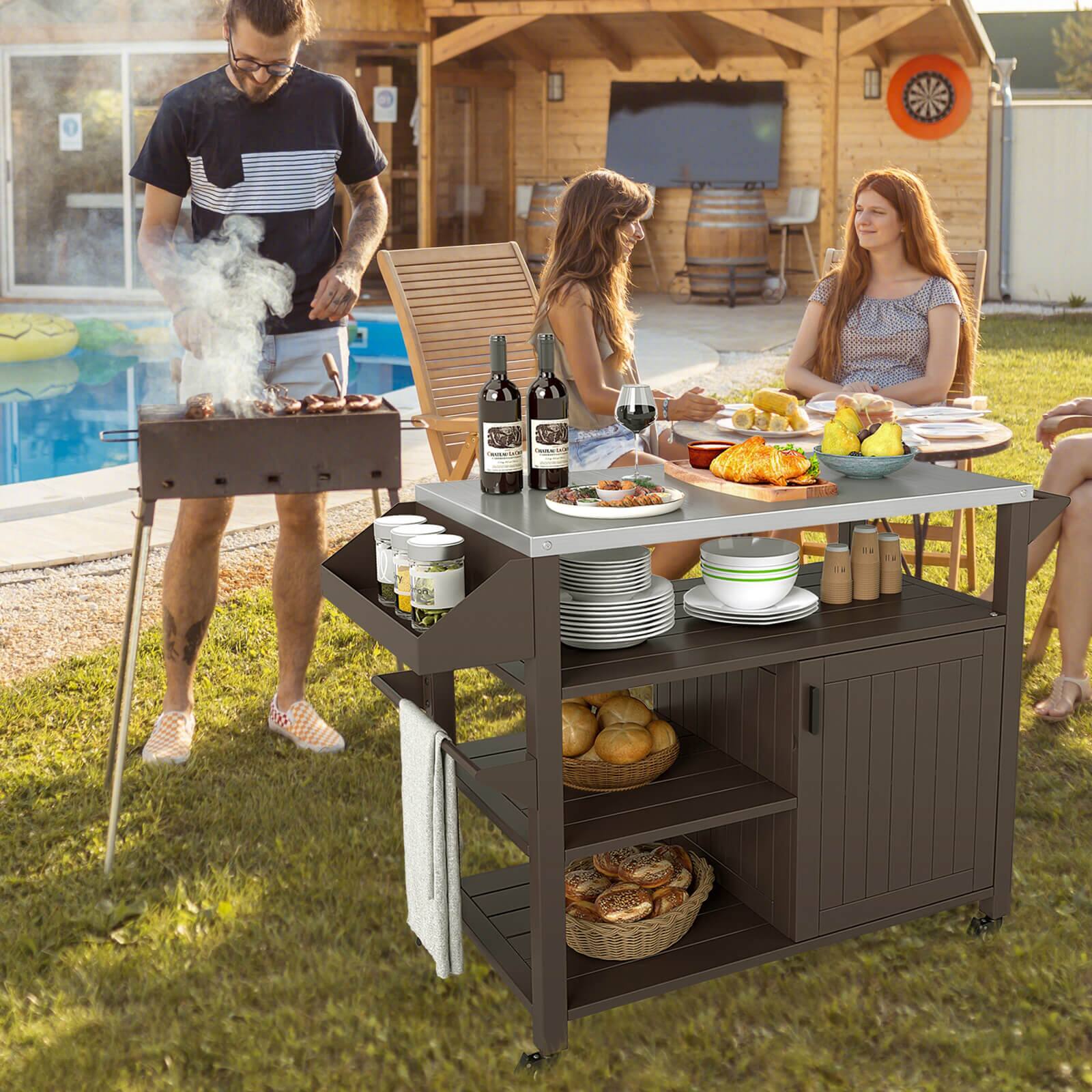 Alt View 3. Costway - Costway Outdoor Grill Cart Movable Prep Table with Storage Cabinet Shelves for BBQ - Brown.
