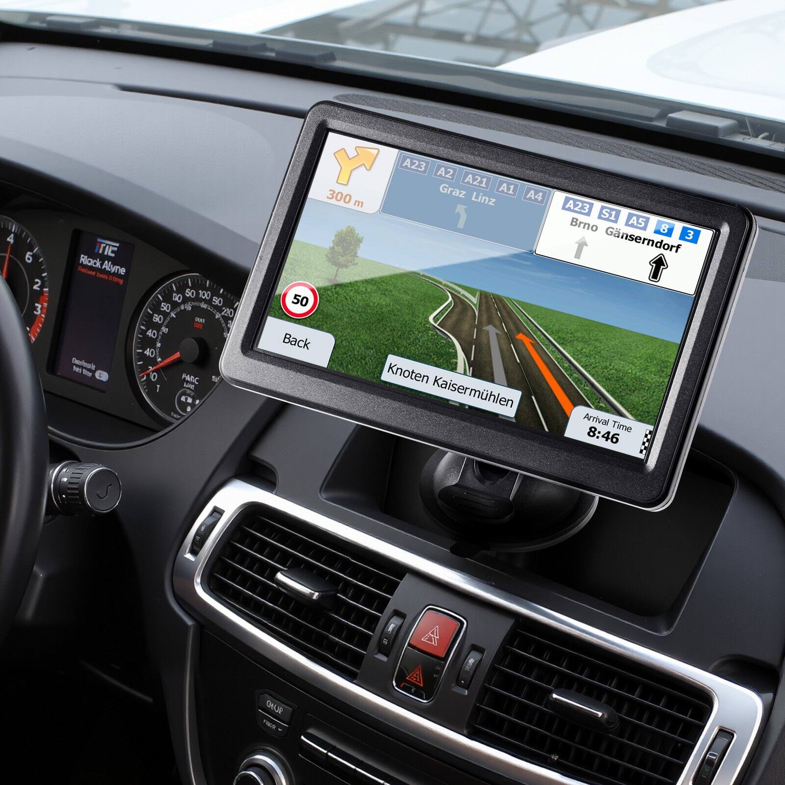 Sure, here is the corrected and grouped text from the image:

---

**Dashboard:**

- **TIC**
  - Rick Alvine
  - 300 m

**Speedometer:**
- 50 km/h

**Navigation Screen:**

- **Back**
- **Knöten Kaisermln**
- **Arrival Time 8:46**

**Route:**
- A23
- A2
- A21
- A1
- A4
- A23
- S1
- A5
- Brno
- Gänserndorf

**Speed Limit:**
- 50

**Other Text:**
- PARC N I - E.

---