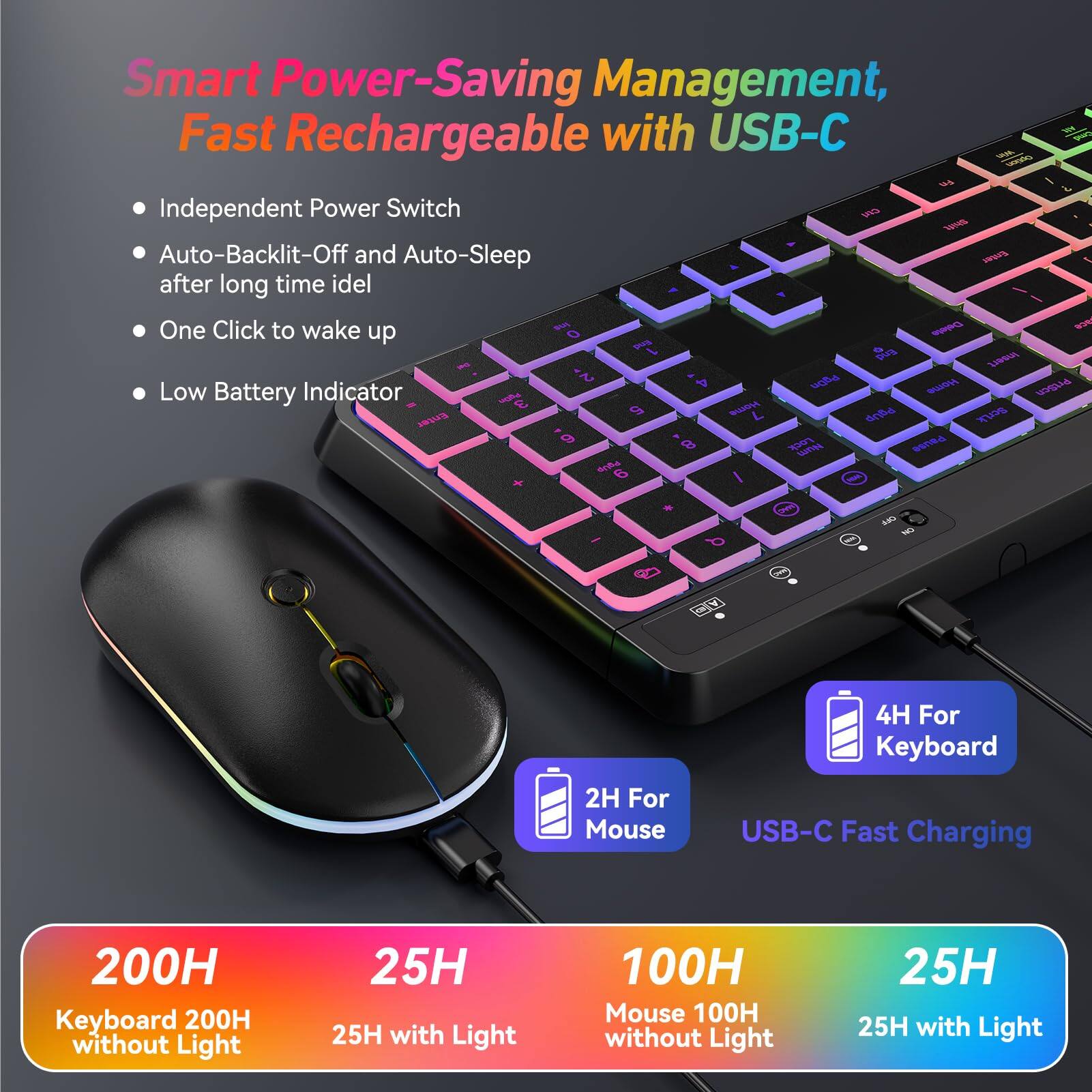 Smart Power-Saving Management, Fast Rechargeable with USB-C

- Independent Power Switch
- Auto-Backlit-Off and Auto-Sleep after long time idle
- One Click to wake up
- Low Battery Indicator

USB-C Fast Charging

- 4H For Keyboard
- 2H For Mouse

Battery Life:
- Keyboard 200H without Light
- 25H with Light
- Mouse 100H without Light
- 25H with Light