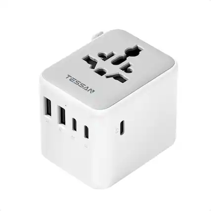 Front. TESSAN - TESSAN Universal Travel Adapter 28W with 3 USB C and 2 USB A Worldwide Plug Type C G A I Grey White - Grey and white.
