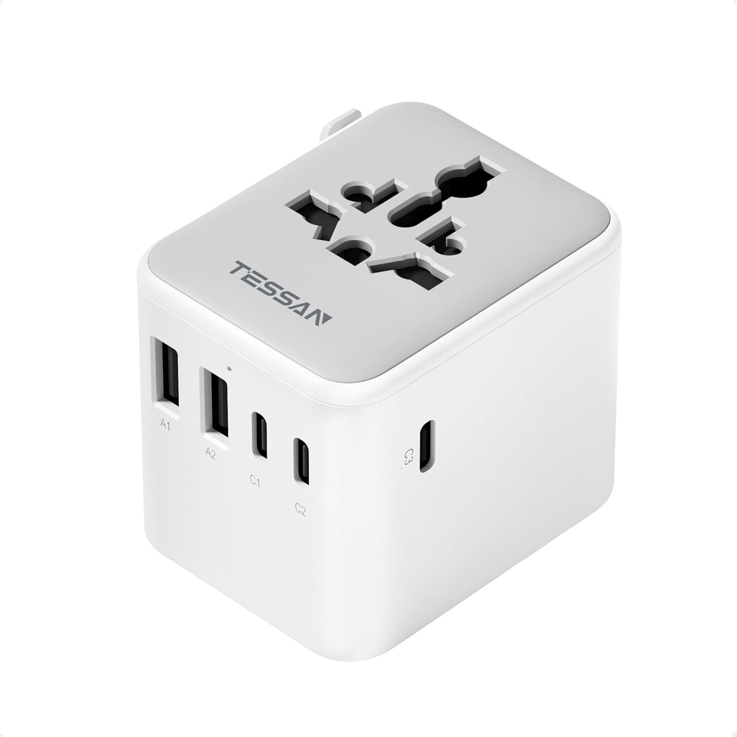 Front. TESSAN - TESSAN Universal Travel Adapter 28W with 3 USB C and 2 USB A Worldwide Plug Type C G A I Grey White - Grey and white.