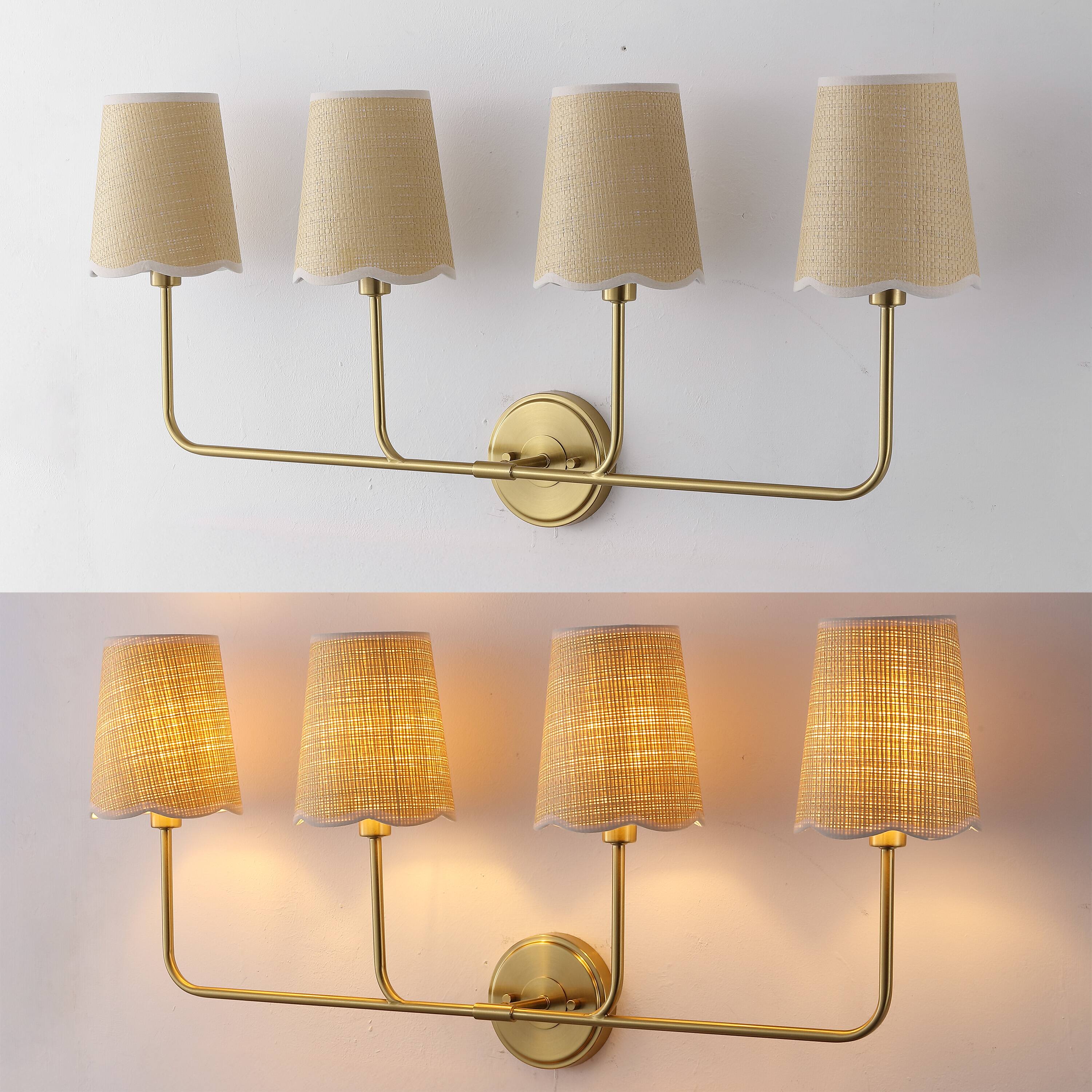 Alt View 4. Jonathan Y - Lila 36.5" 4-Light Traditional Coastal Scalloped Fabric Shade/Metal LED Vanity Light, Brass Gold/Brown - Brown/White/Brass Gold.