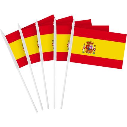 Front. G128 - 50-Pack Handheld Spain Stick Flags — 4 x 6 in, 150D Polyester, Plastic Spear Tip. - Assorted Colors.