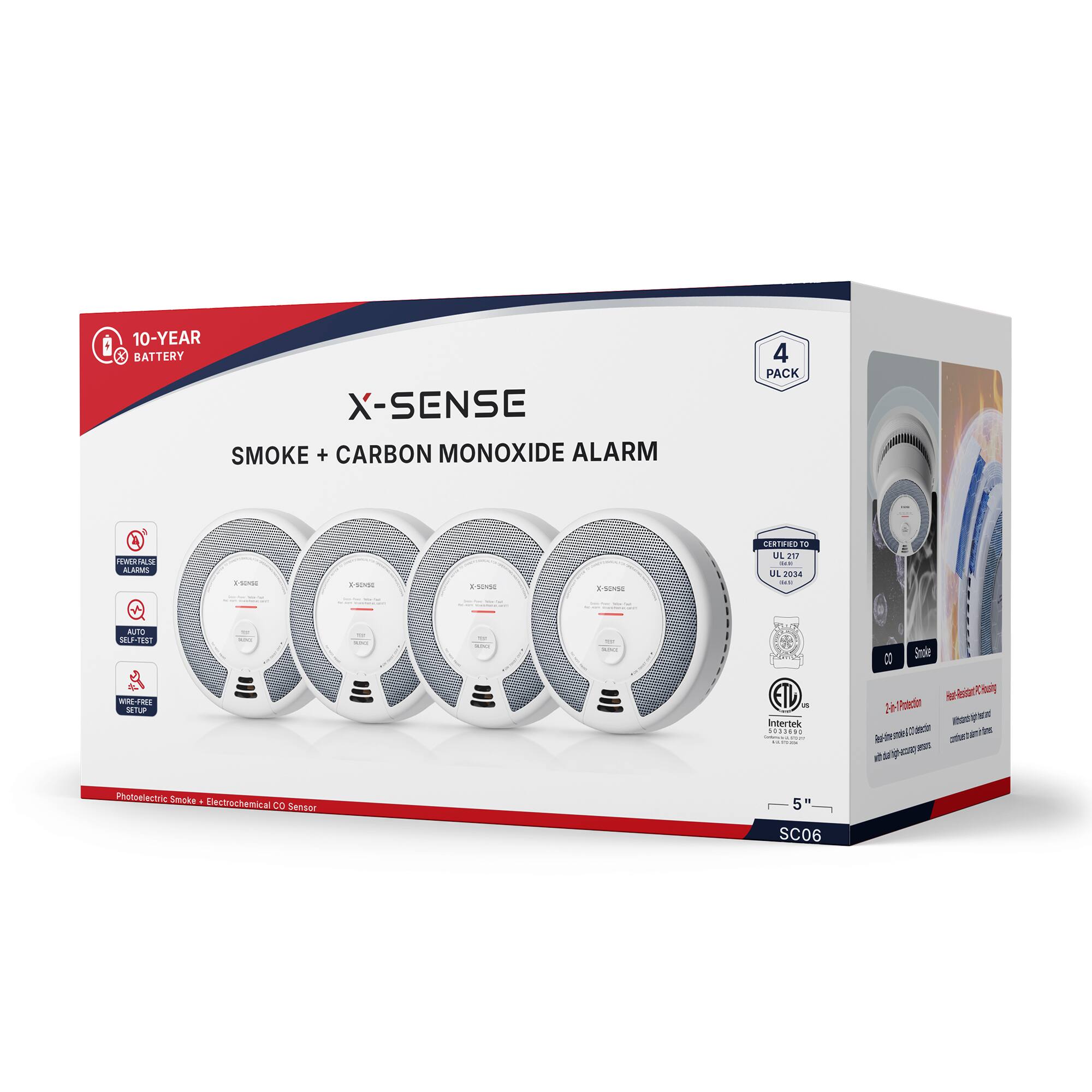 10-YEAR BATTERY X-SENSE SMOKE + CARBON MONOXIDE ALARM  
4 PACK  
FEWER FALSE ALARMS  
SINCE - R-SENSE - -  
adidas  
X-SONSE  
CERTIFIED TO UL217 ME UL 2034 ...  
AUTO SELF-TEST WIRE FREE SETUP  
C CHE  
TM JINT  
in  
or SIVE  
Intertek 14 11490 "  
CO Stole Protection Hut-Resstort Krusmy 10  
the  
Photoelectric Smoke Electrochemical CO Sensor  
5 SC06