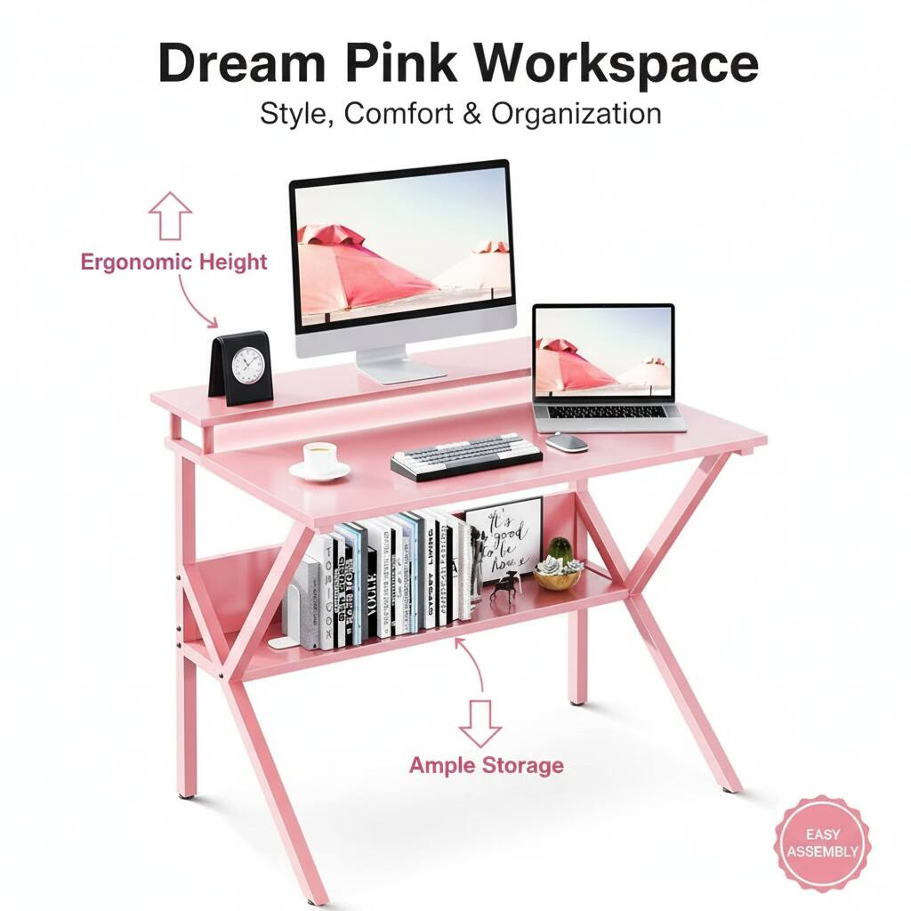 Dream Pink Workspace  
Style, Comfort & Organization  

Ergonomic Height  
Ample Storage  
Easy Assembly