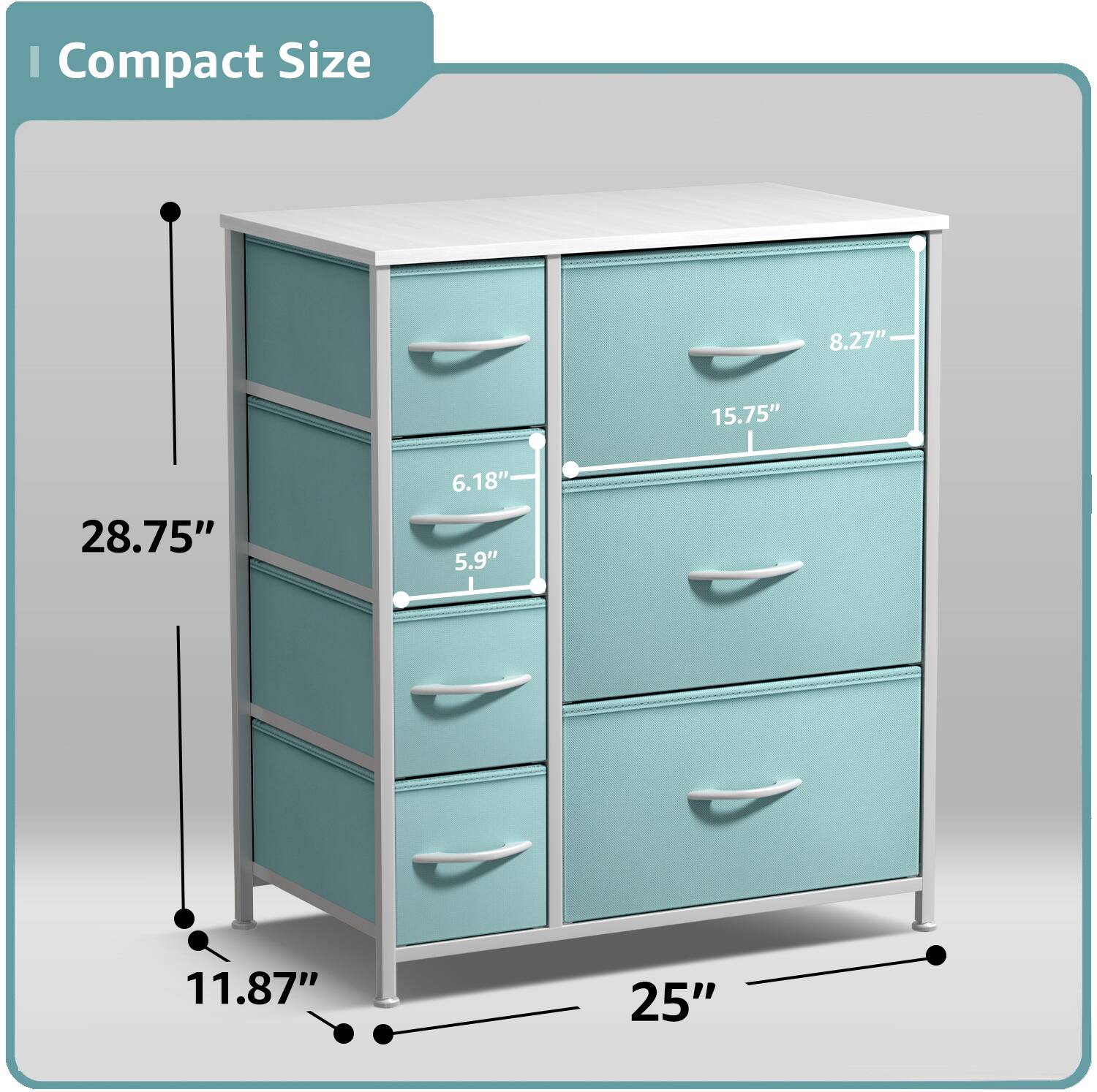 Compact Size

- Height: 28.75"
- Width: 25"
- Depth: 11.87"
- Drawer 1: 8.27" (Height) x 15.75" (Width)
- Drawer 2: 6.18" (Height) x 5.9" (Width)