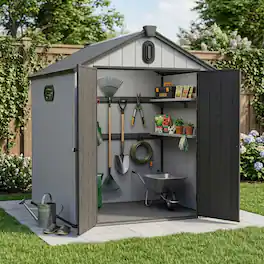 Loheer - Weather-Resistant 6.1 x 7.9 ft Resin Storage Shed for Backyard Garden Tool Organization - Black+Grey