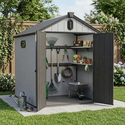 Front. Loheer - Weather-Resistant 6.1 x 7.9 ft Resin Storage Shed for Backyard Garden Tool Organization - Black+Grey.