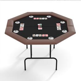 Babevy - 8-Player Octagon Poker Table with Foldable Legs, Cushioned Armrests & Steel Cup Holders for Casino Card Games - Brown