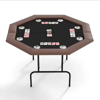 Front. Babevy - 8-Player Octagon Poker Table with Foldable Legs, Cushioned Armrests & Steel Cup Holders for Casino Card Games - Brown.