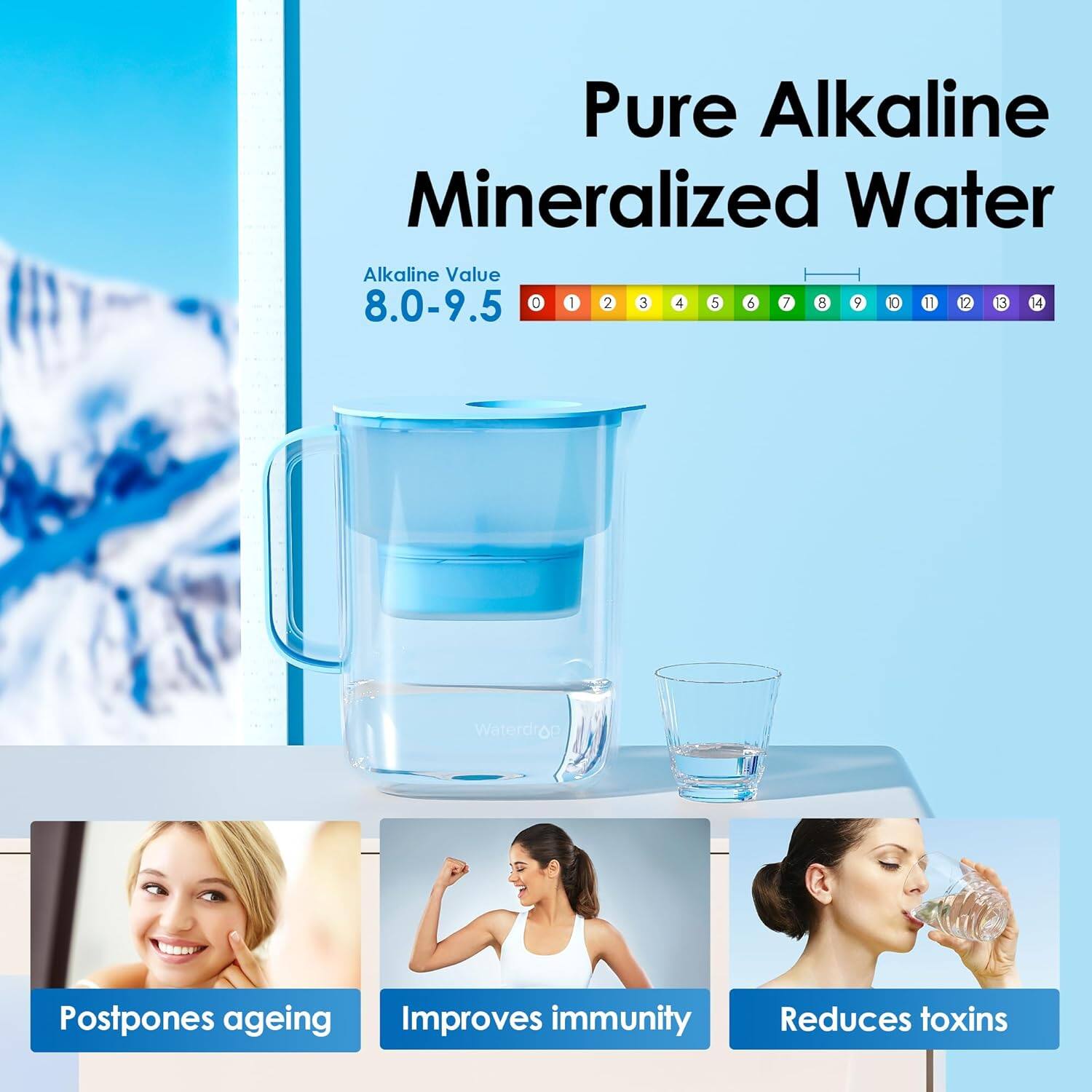 Pure Alkaline Mineralized Water  
Alkaline Value 8.0-9.5  

Postpones ageing  
Improves immunity  
Reduces toxins