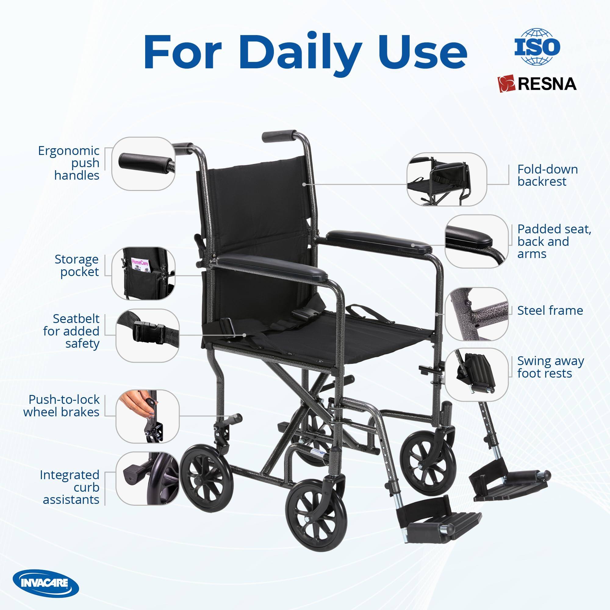 For Daily Use

ISO RESNA

- Ergonomic push handles
- Fold-down backrest
- Storage pocket
- Padded seat, back and arms
- Seatbelt for added safety
- Steel frame
- Swing away foot rests
- Push-to-lock wheel brakes
- Integrated curb assistants

INVACARE