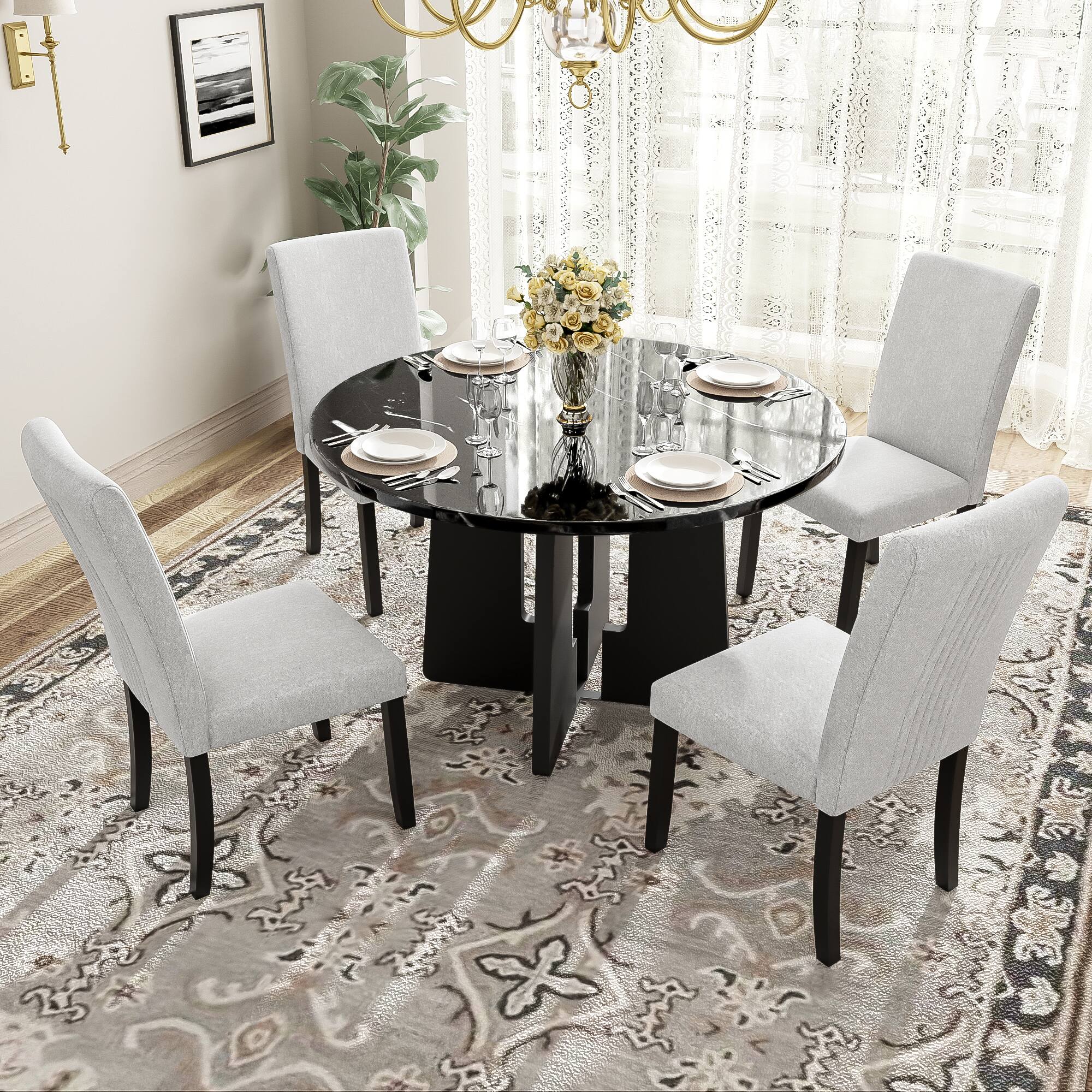 Back. APRILSOUL - 5-Piece Round Dining Table set 43-Inch Modern Dining Table and 4 Upholstered Chairs for Dining Room - Beige+Black.