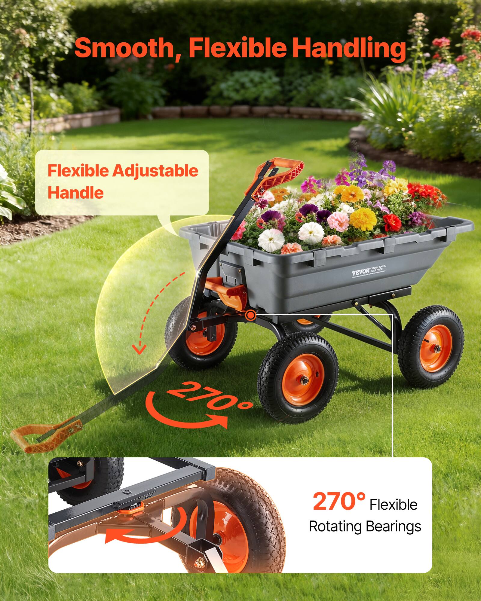 Smooth, Flexible Handling

Flexible Adjustable Handle

270° Flexible Rotating Bearings